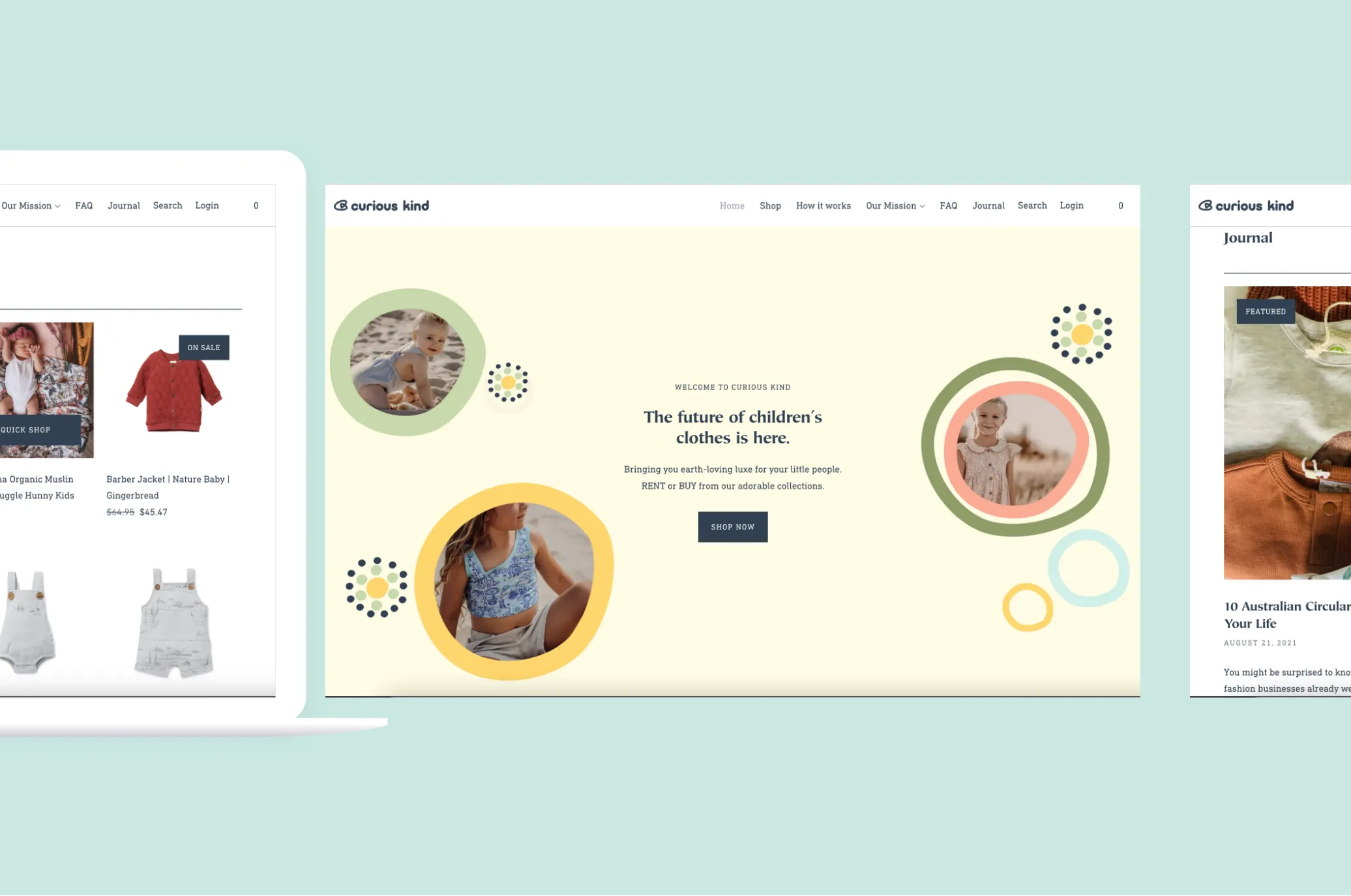 Curious Kind website screens for second-hand children’s clothing