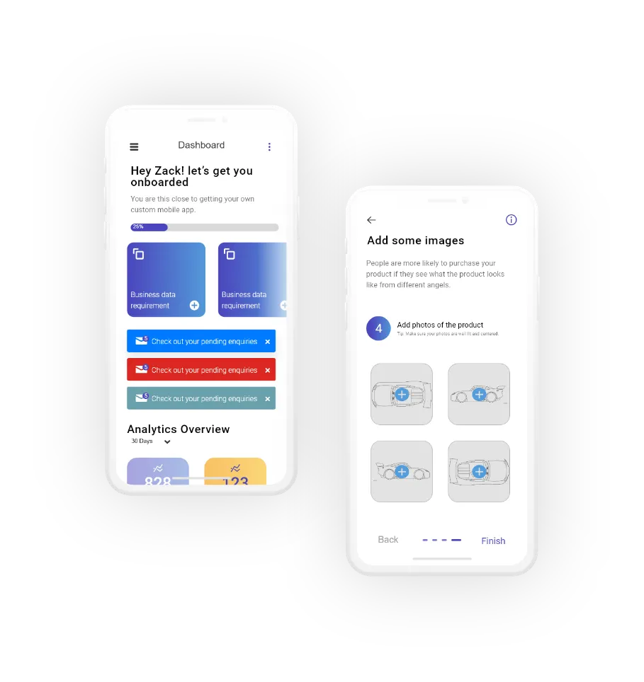Soochi app dashboard and image upload screens