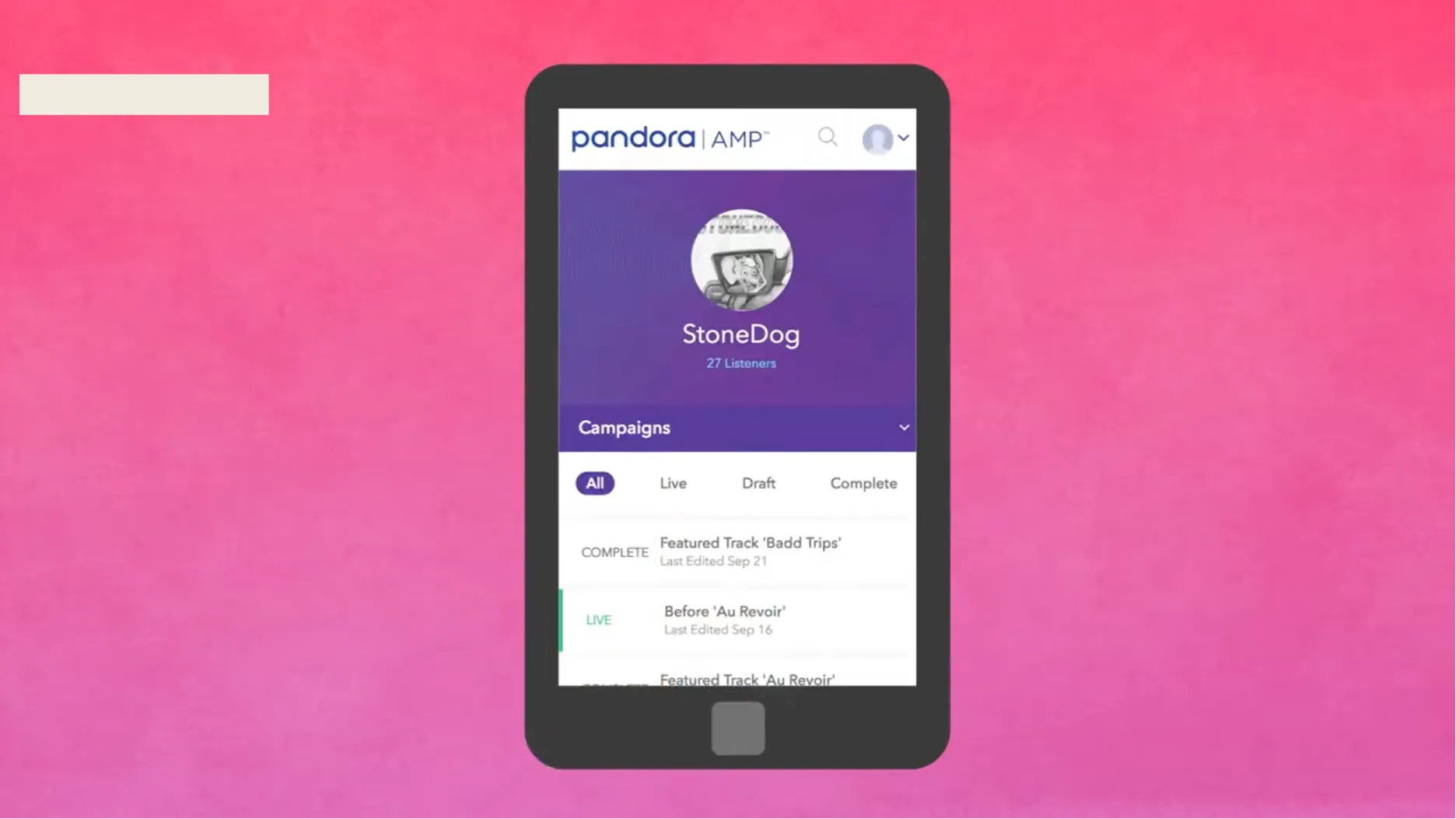 Pandora AMP artist dashboard on a phone