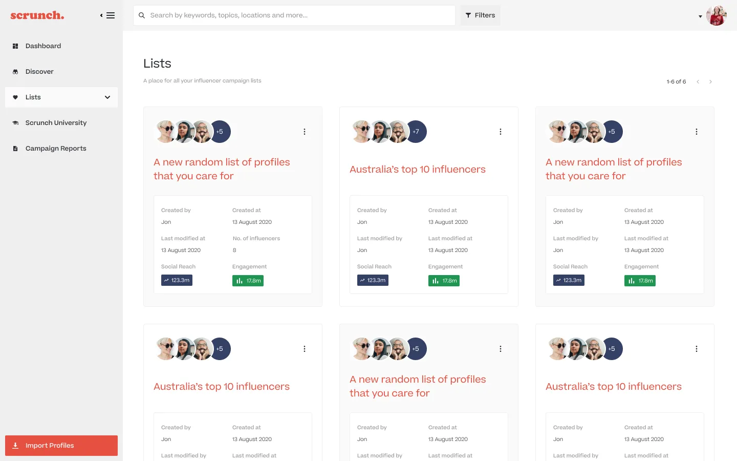 Lists page showing influencer campaigns
