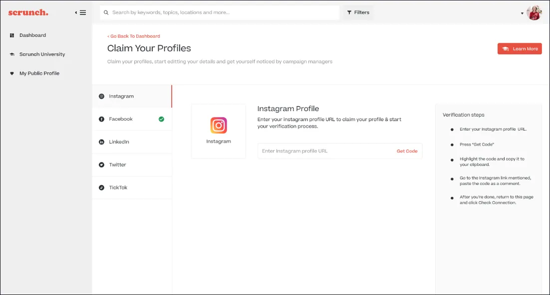 Initial profile claim screen with a single Instagram profile