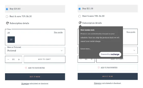 Rent and save option on a product page