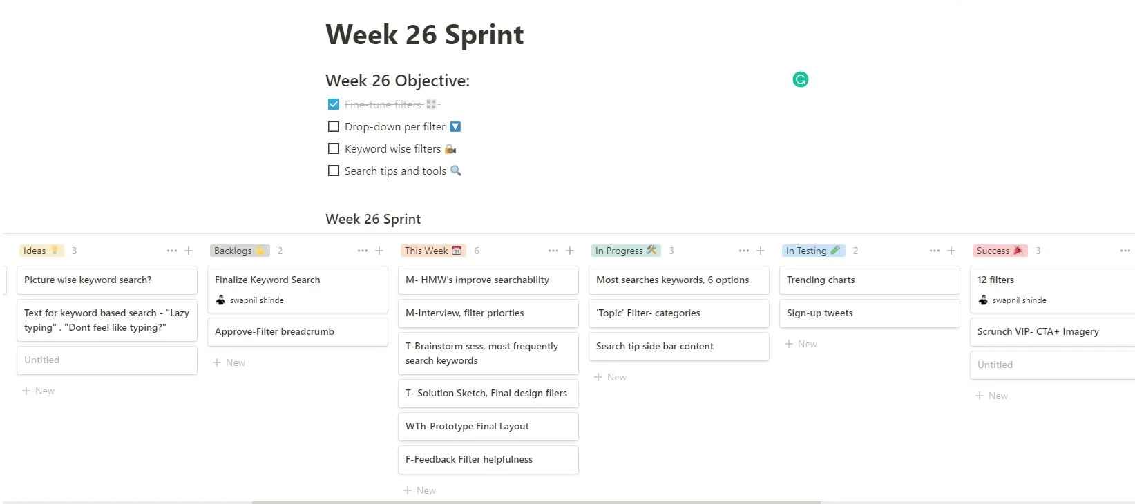 Notion board for one sprint week