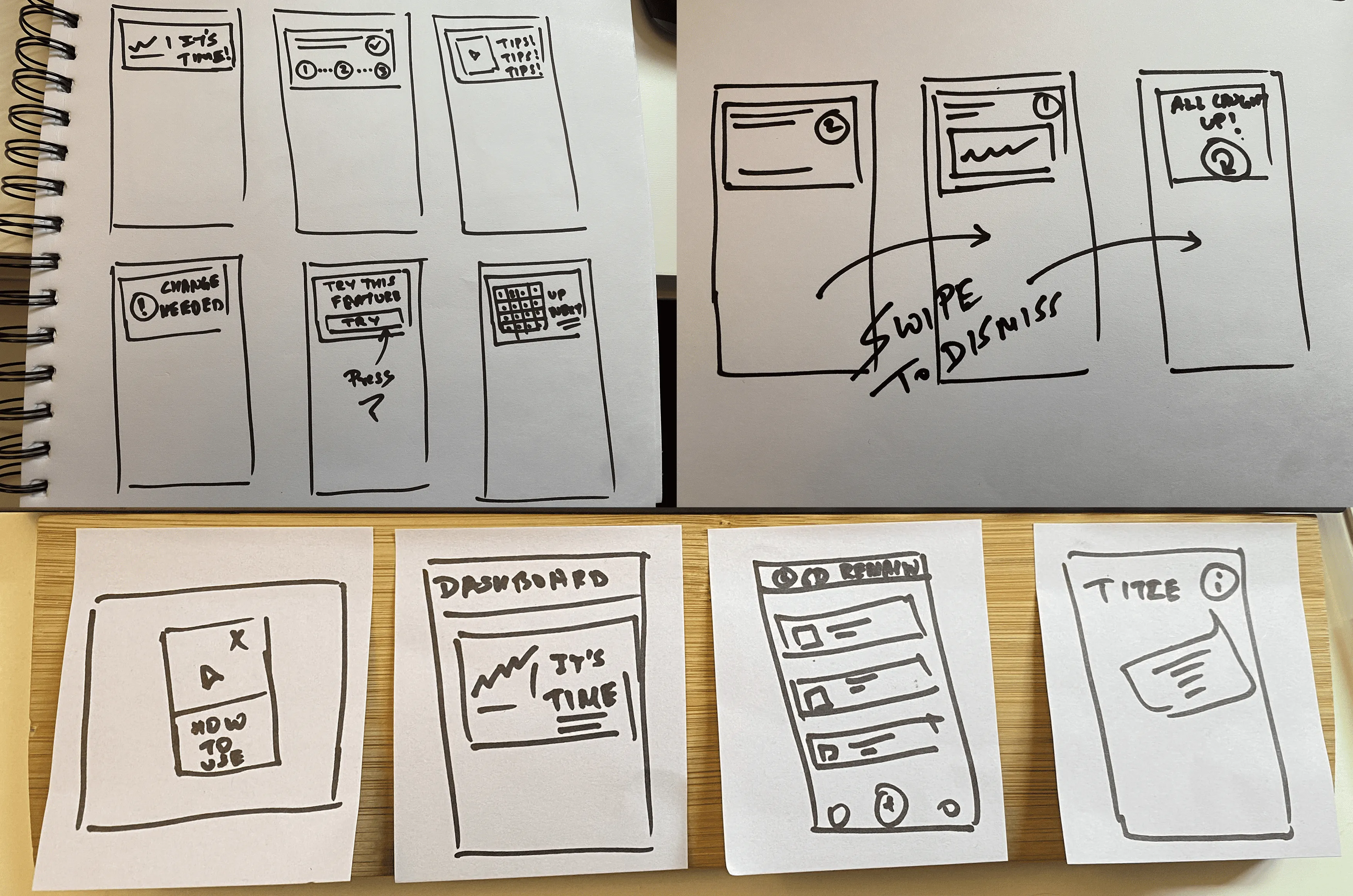 Initial wireframe explorations for the “It’s Time” feature