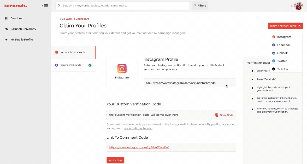 Final profile claim flow verifying multiple social profiles